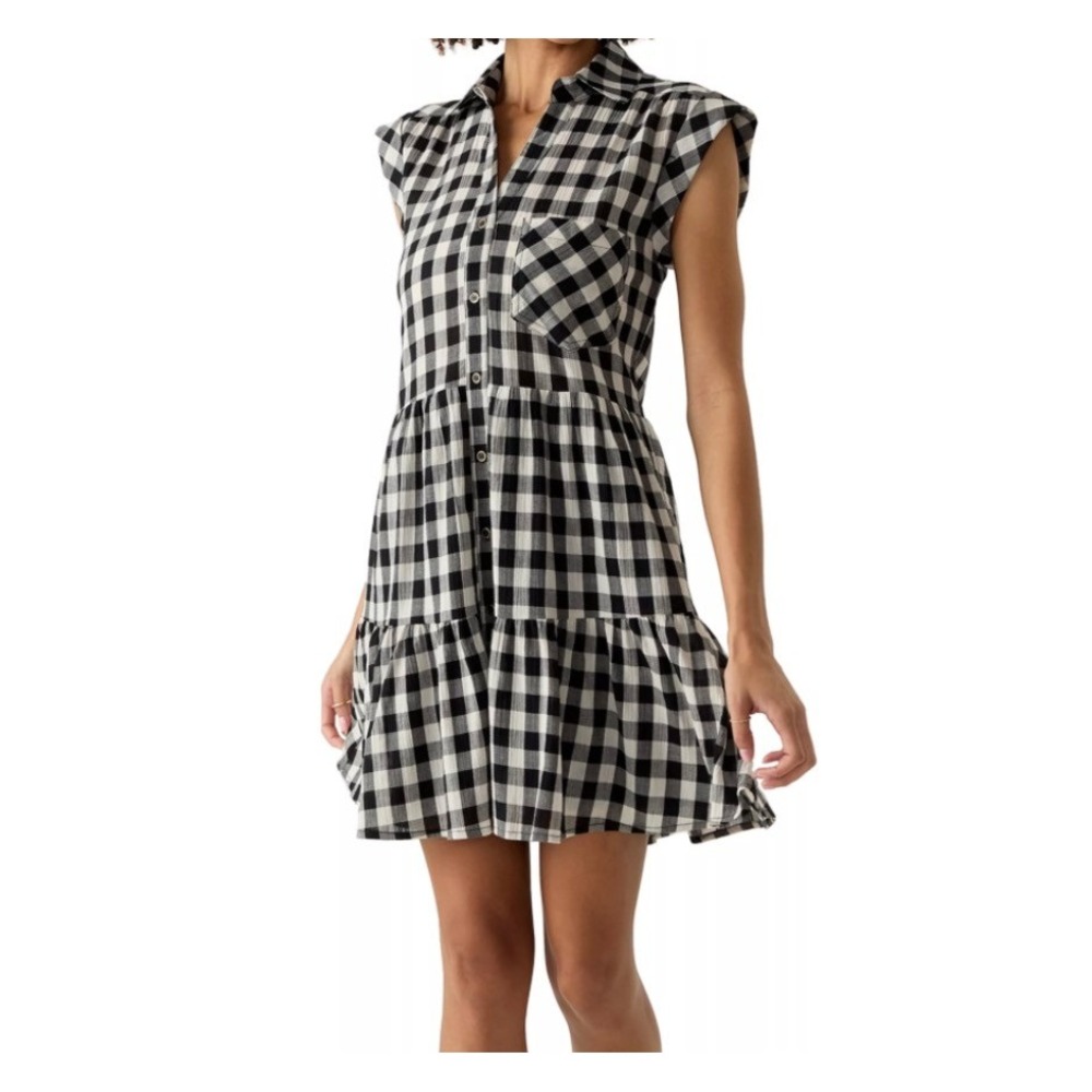 Oak & Trellis Buffalo Plaid Tiered Shirt Dress Womens M Black White Gingham